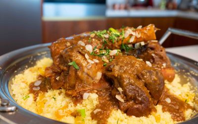 Spiced Lamb Shanks with Lentil Reduction and Almond Apricot Couscous